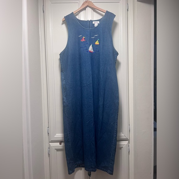 Vintage Westbound Maxi Sail Boat Embroidered Blue Denim Sleeveless Dress Size XL - Picture 1 of 5